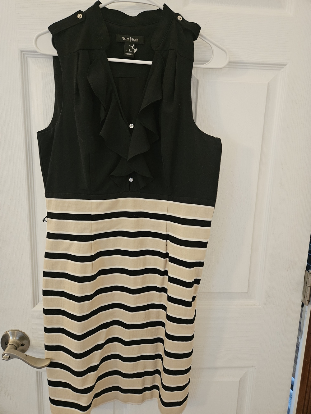 White House Black Market Black & Cream Striped Ruffle Neck Dress
